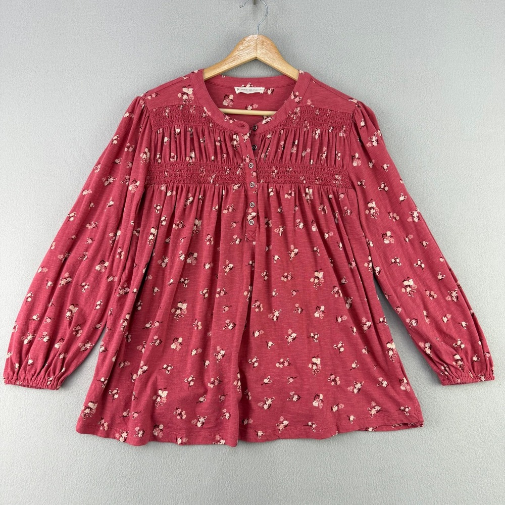 Lucky Brand Floral Smocked Henley Top Women XS Pink Boho Blouse Cottagecore